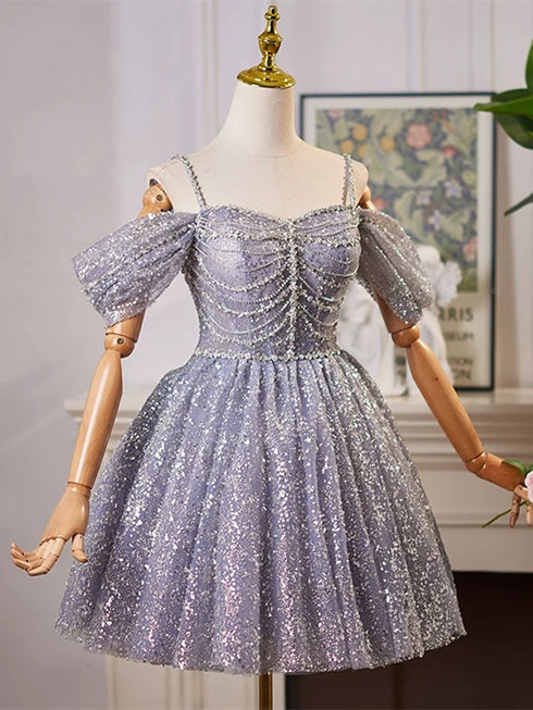 Cute Shiny Tulle with Beaded Short Party Dress, Straps Beaded Tulle Short Homecoming Dress